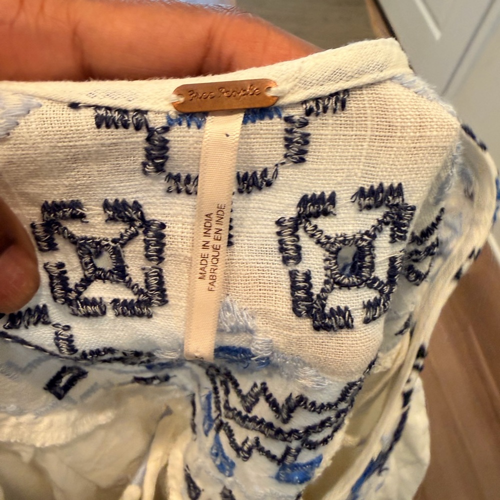 Free People White Peasant crop Top with Blue Embroidered Yoke - Picture 2 of 2